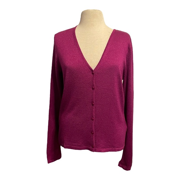 Linda Allard Ellen Tracy $298 Silk Cardigan Sweater Women’s L Magenta Sparkle - Picture 1 of 13
